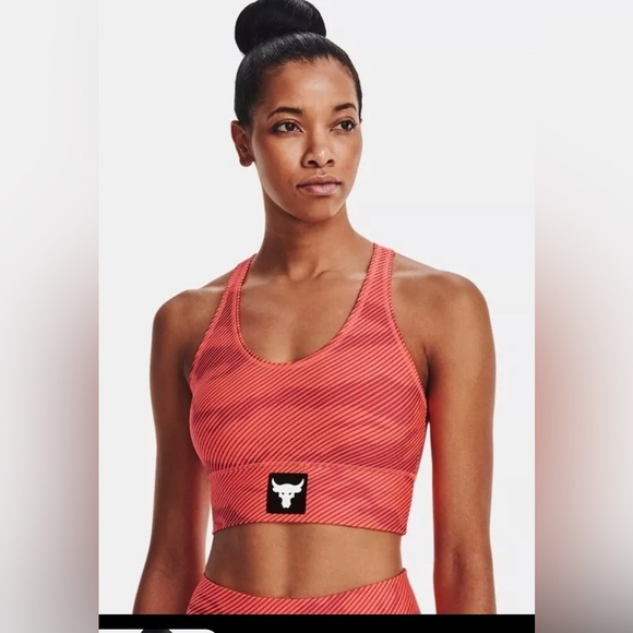 Under Armour Tangerine orange Project Rock Heat Gear Striped Sports Bra Sz L new - Picture 8 of 8